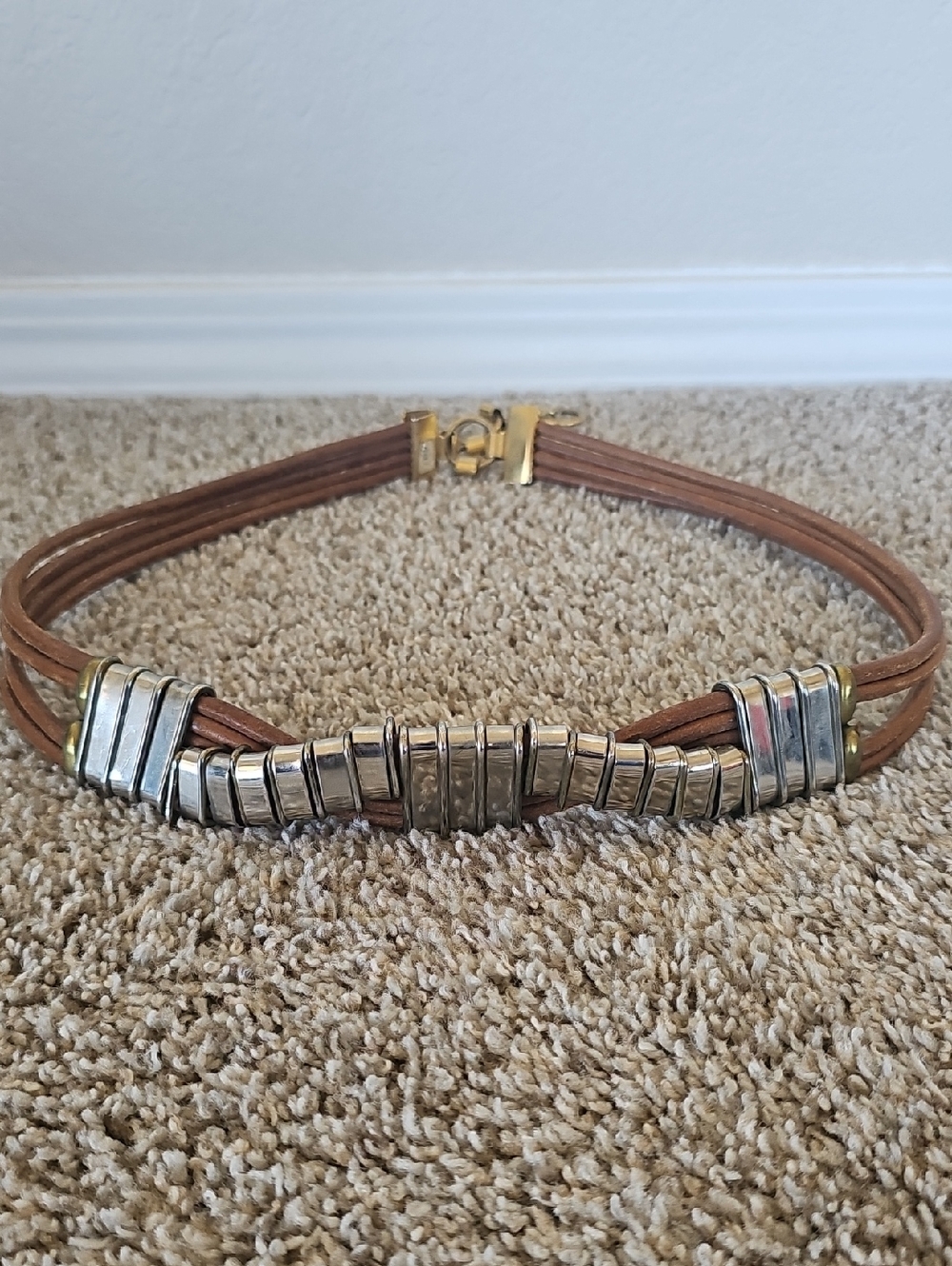 Vintage Unique Brown Leather Cord Belt with Silver Decorative Accents